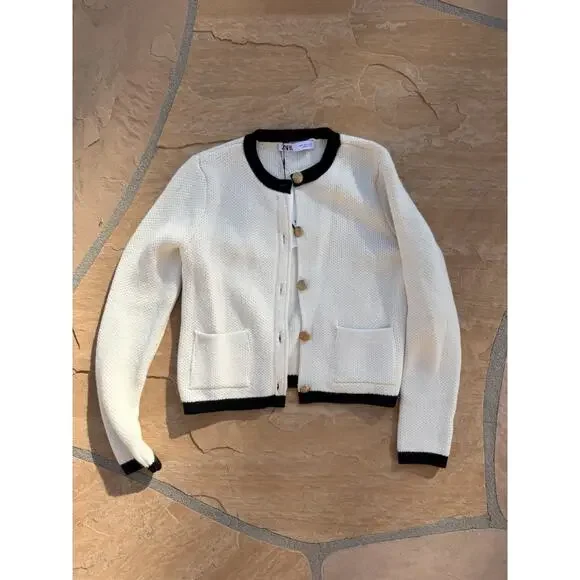 Zara Textured Knit Cropped Cardigan Jacket - Black & Ivory Contrast S NWT ES - Picture 1 of 3